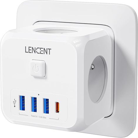 Multiprise, 7 en 1 Murale Prise avec Multiple Secteur USB Cube Chargeur avec 3 Sorties AC 4000W, Interrupteur, Idéal pour Salon, Bureau, Chambre (1 Type C et 3 USB A) (1/5)