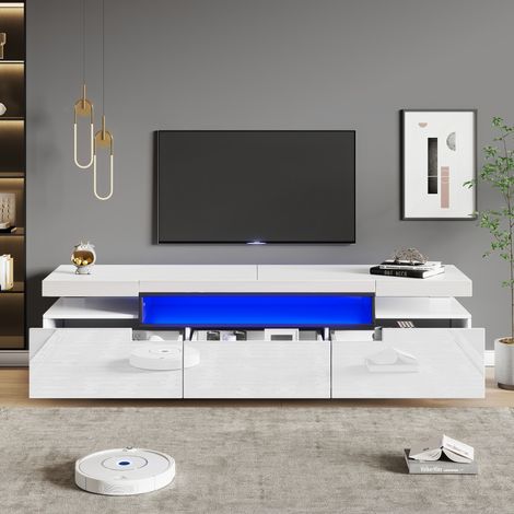 Meuble TV brillant élégant 160 × 39 × 42 cm – Blanc avec éclairage LED 16 couleurs – Pour téléviseurs jusqu’à 70 pouces – Avec 3 tiroirs