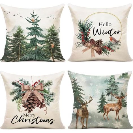 Christmas Pillowcases 45x45cm, Set of 4 Christmas Pillows, Decorative Linen Pillowcases for Christmas Decor, Home Interior Decor (1/5)