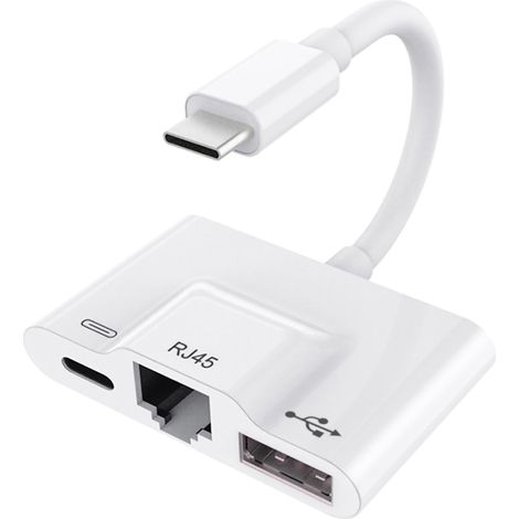 Adaptateur USB-C vers Ethernet RJ45 3-en-1, carte réseau pour connexion mobile par câble, convertisseur réseau filaire (1/5)