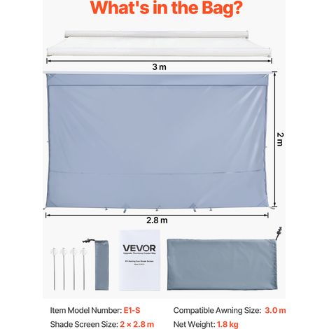VEVOR RV Awning Sun Shade Screen, 2 x 2.8 m Sun Shading Screen (Fits 3 m Awnings) with UV50+ Zippered PU Cover, Double-Stitched Polyester Mesh Sunscreen for RVs Travel and Outdoor Camping (1/4)