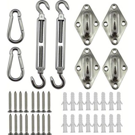 1 lot de 40 accessoires pour auvent de voile d'ombrage en acier inoxydable 304 - Kit de quincaillerie pour tendeur - Œil - Mousqueton - Vis argentées (1/4)