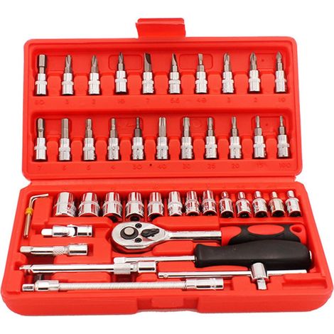 46-teiliges 1/4-Zoll-Steckschlüsselset – verstellbarer Schraubenschlüssel – Schraubendreher-Bits – flexibles Set – Verlängerungsstangen – für W/Umschaltbar – Ratsche – Spannschlüssel