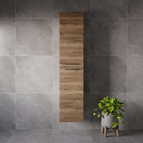 Napoli Tobacco Oak 350mm x 1600mm Wall Mounted 2 Door Storage Unit - 350mm - Gunmetal Grey 160mm Handle