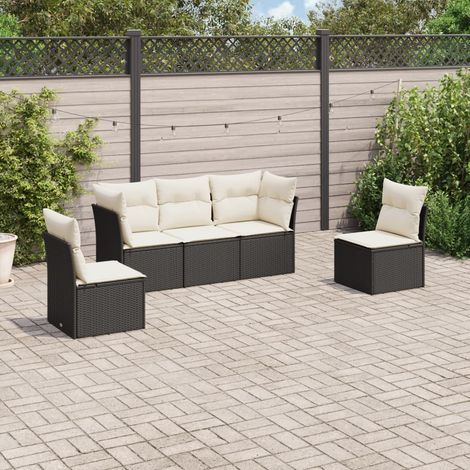 Ensemble Salon Jardin 5 Places Noir Résine Tressée avec Coussins Crème - 2 Sièges Coin + 3 Centraux (1/3)