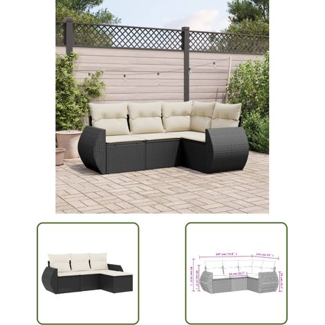 The Living Store Salon de jardin 4 pcs avec coussins noir résine tressée - Ensemble Salon De Jardin - Mobilier De Jardin - Canapé Extérieur - Set Salon Extérieur - Chaise Lounge (1/3)
