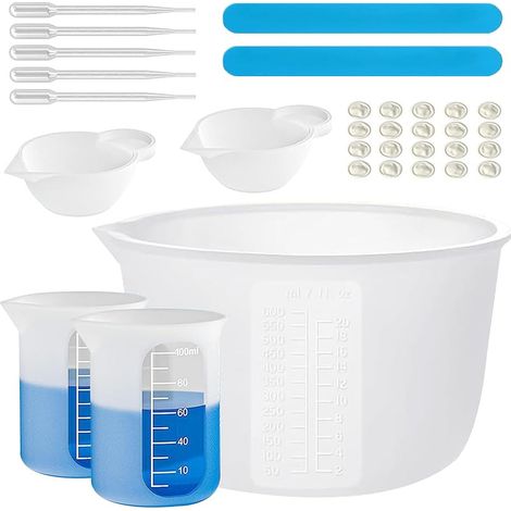 Kit Tasses Mesurer Silicone pour Résine Époxy, Gobelet Doseur avec Graduations 600ml e 100ml, Tasses Graduées Nettoyer Faciles, Kit Outils Mélange Réutilisables avec Pipette, Gants, Bâtonnet Agitation (1/5)