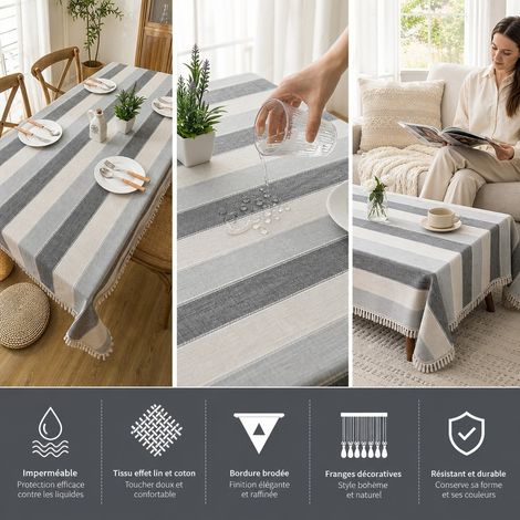 Nappe Impermeable Rayees Gris Blanc Franges 120 x 120 cm Anti-Taches Facon Lin (1/4)