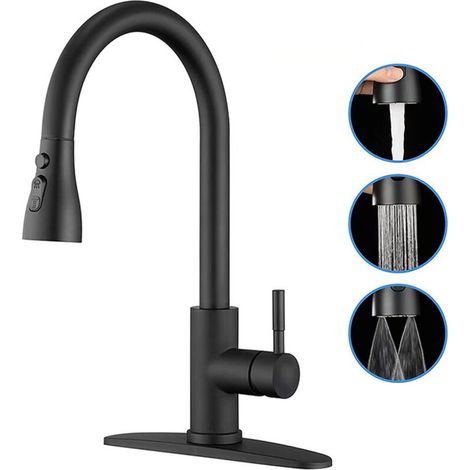 Robinet cuisine noir avec douchette extractible 3 modes, haut bec pivotant 360° en acier inoxydable 304