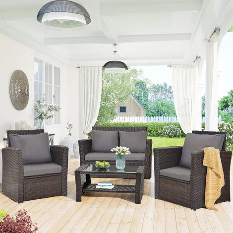 4-seater rattan garden furniture set with coffee table and washable cushions for pool, terrace, balcony, outdoor garden (brown) (1/5)