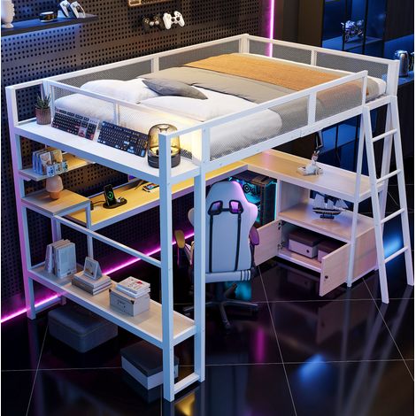 Metall-Gaming-Hochbett 140x200 cm Weiß aus MDF und Metall mit Schreibtisch, LED-Beleuchtung und Stauraum (1/5)