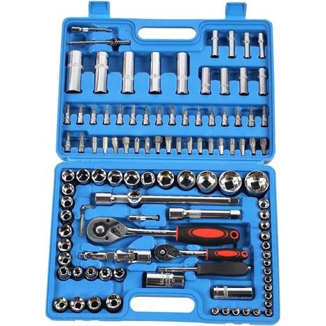 Jeu de clés à cliquet 108 pièces, 1/4 pouces 1/2 pouces CR40, boîte à outils à douille en acier, Kits manuels (1/5)