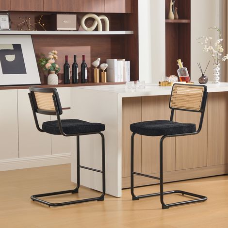 Tabouret de bar moderne haut brillant, lot de 2 chaises, assise en tissu chenille, sans accoudoirs, dossier à cadre bois et rotin, pieds métal laqué noir (1/5)