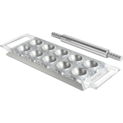 Marcato Stampo Per Ravioli Tablet Argento Con Mattarello, 10 Ravioli Quadrati 5x5 Cm, Alluminio Anodizzato, Made In Italy