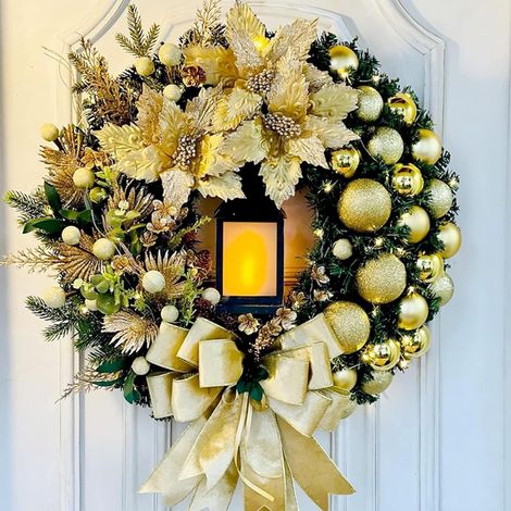 Décorations de Noël 20in - Couronne de Noël pour Porte d'Entrée, avec Lampe à Huile LED Couronne Artificielle de Noël, Boule de Noël Baies Rouges Herbe Artificielle (Jaune, 11.8in) (1/5)