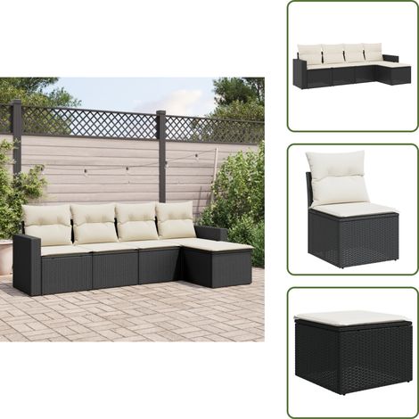 The Living Store 5-tlg. Garten-Sofagarnitur mit Kissen Schwarz Poly Rattan - Gartensofas - Outdoor Möbel - Gartenmöbelset - Rattan Sofa - Lounge Set (1/5)