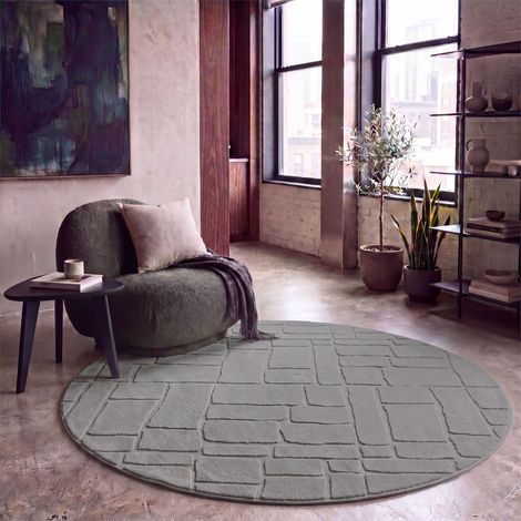 Paco Home Teppich Wohnzimmer Hochflor Skandi Boho Steinoptik Uni Waschbar Grau 160 cm Rund (1/5)