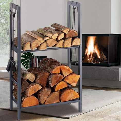 BAKAJI Portalegna Verticale Supporto Scaffale in Metallo Porta Legna 2 Ripiani da Interno Esterno Legnaia Casa Giardino per Camino Caminetto Stufa Design Moderno (100 x 60 x 30 cm) (1/5)
