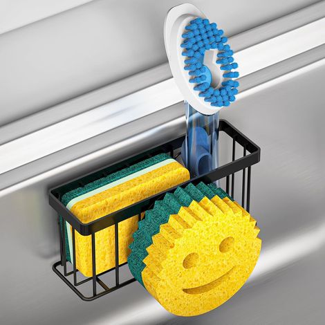 Porta spugna sorridente per lavello da cucina, per riporre spugna, sapone e spazzola per piatti. Dotato di 2 ventose o 1 striscia adesiva. Colore nero.