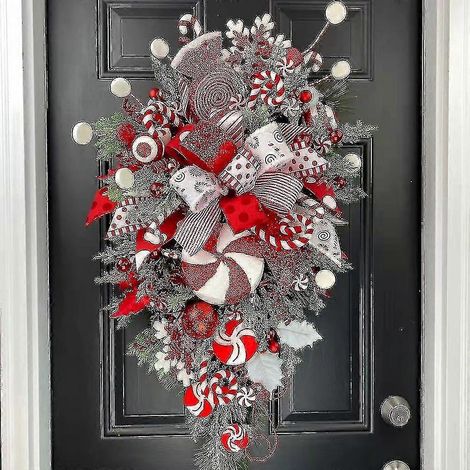 Corona navideña de bastones de caramelo para la puerta principal, guirnalda roja y blanca en forma de lágrima, decoraciones navideñas para escaleras con bastones de caramelo, corona navideña con basto (1/5)