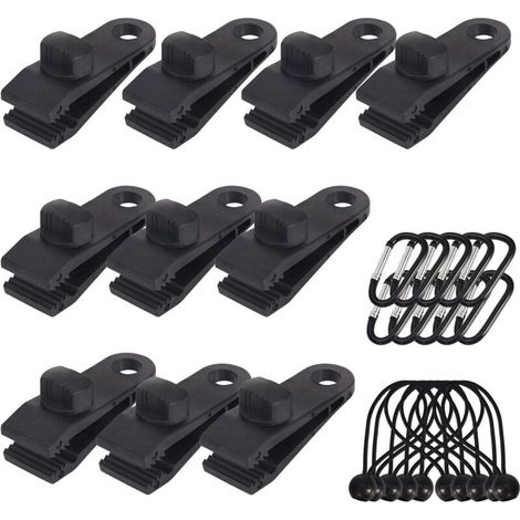 Lot de 10 Clips de bâche support de bâche pour extérieur avec Attache en Toile et Cordon élastique + Mousqueton en Forme de D pour bâches, auvents, Camping, Caravane, couvertures de Voiture (1/4)