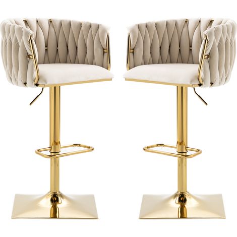 Tabouret de bar pivotant en velours ivoire, dossier enveloppant, hauteur réglable, repose-pieds et base stable, style vintage pour cuisine ou îlot – CHICFURN (1/5)