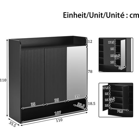 Meuble à chaussures noir rayé vertical, rangement d'entrée avec miroir pleine hauteur, étagère multi-niveaux grande capacité pour couloir (1/5)