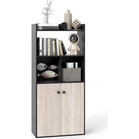COSTWAY Libreria Scaffale con 2 Ante di Stoccaggio, Libreria Salvaspazio Moderna con 4 Ripiani in Legno Aperti, Mobile Alto Ufficio, per Soggiorno, Camera da Letto, 60 x 30 x 140 cm (Nero) (1/5)