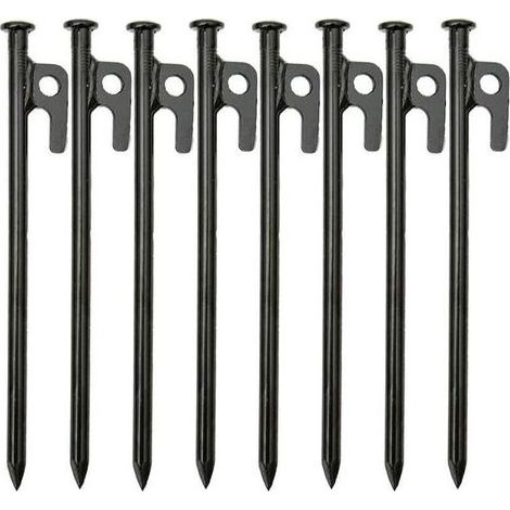 Lot de 8 piquets de tente robustes en fer forgé haute résistance de 20 cm avec crochet et trou pour voyage en plein air, randonnée, jardinage, grand sol dur et rocheux (1/4)