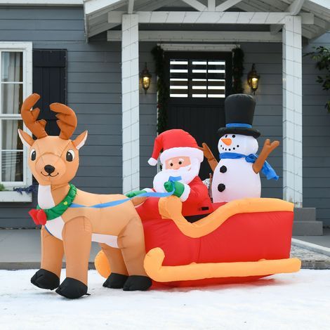 Décor de Noël Extérieur Gonflable Père Noël avec Traîneau, Rennes, Bonhomme de Neige et Guirlande Lumineuse LED, Taille 200x80x128cm, Ornement Jardin. (1/5)