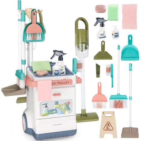 Kit Menage Enfant, Chariot à Balai Chariot de Nettoyage pour Enfants Balayette et Balayeur à Main, Aspirateur pour Enfants, Chiffons, Bombes Aérosols et Autres, Cadeau 3 Ans+ (1/5)