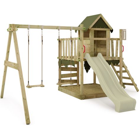 Fatmoose JazzyJungle Jam wooden play tower with swing and slide in sage green