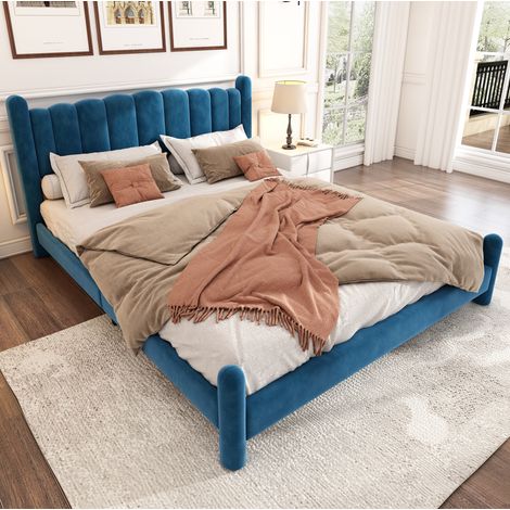 Letto matrimoniale imbottito 160x200 cm con rete a doghe, testiera festonata e piedi cilindrici, velluto blu, senza materasso (1/5)