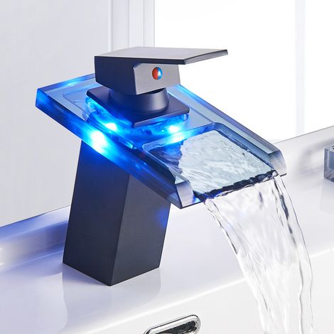Mitigeur Lavabo Cascade LED 3 Couleurs Robinet pour Lavabo et Vasque Salle de Bain Robinetterie Mitigeur Eau et Froide en Laiton Chromé et Verre 1713.89.5 CM nior MNS (1/4)