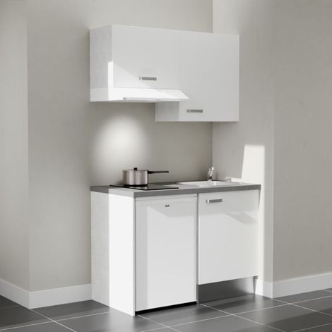 Kitchenette K01L-PT - 120 cm - plan stratifié, évier inox, - Façade Blanc - Plan Gris béton - Evier Inox - Crédences Non + Electroménager inclus coloris Blanc