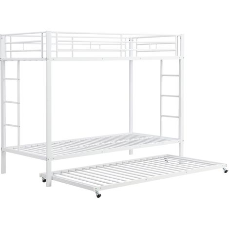 Lit superposé 90200cm en fer, lit enfant, avec lit gigogne, barrières hautes, certifié EN747, structure robuste, blanc (1/5)