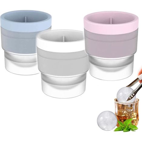 Lot de 3 moules à glaçons sphériques - Moules à glaçons ronds - Réutilisables et empilables - Idéal pour les boissons, le whisky, les cocktails et les sodas - 8 x 7 cm - Bleu, rose et blanc (1/5)
