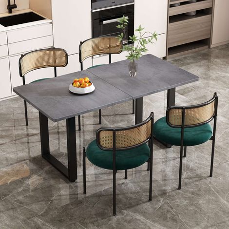 Ensemble table à manger avec 4 chaises en velours, table rectangulaire style industriel, chaises avec dossier rotin, set repas moderne gris vert noir (1/5)