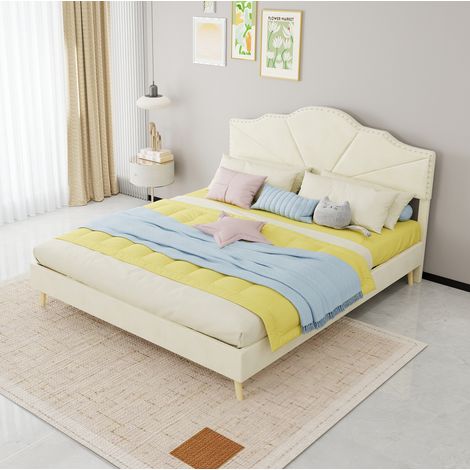 Bett 160x200 Beige mit geometrischem Kopfteil aus Stoff OKMYHOME (1/5)