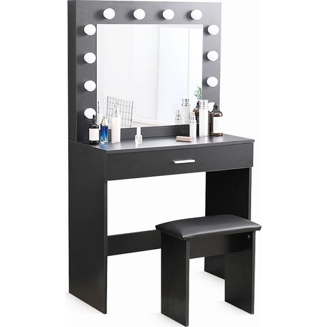 Schwarzer Schminktisch mit Spiegel mit LED-Lichtern und Hocker Gaia Black (1/5)
