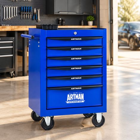Carrello portautensili in acciaio a 6 cassetti, 52,5 x 33 x 77,5 cm, nero e blu
