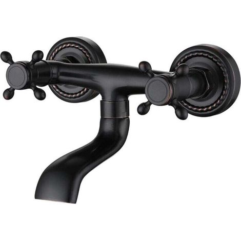 European Style Bathtub Faucet, All Black Copper, Wall Mounted Bathroom Faucet, Dual Handle Hot and Cold Water Bathtub Tap MUMU (1/4)