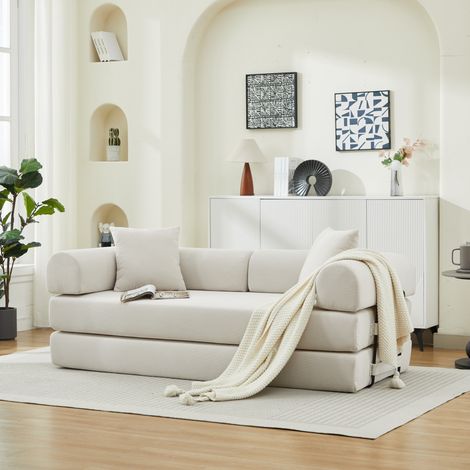 Divano letto pieghevole convertibile in velluto a coste bianco, 2 cuscini, 200 x 90 x 75 cm, OKWISH (1/5)