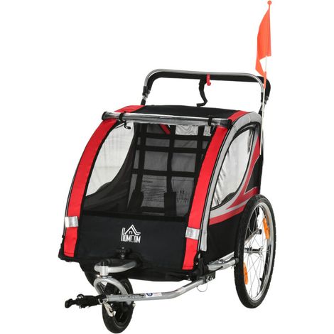 HOMCOM Remorque vélo pour enfant 2 en 1 convertible jogger poussette capacité 26,4 kg avec réflecteurs et drapeau - 2 places - rouge (1/5)