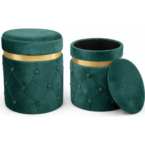 Set 2 Pouf Contenitori Verde in Velluto con Design Trapuntato 38x44cm 31x38cm (1/5)