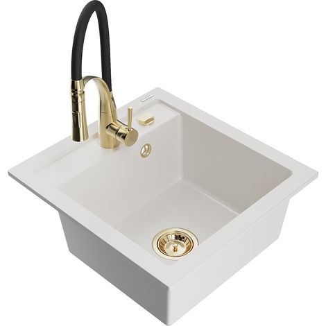 Mexen Vito fregadero de granito de 1 cubeta con grifo de cocina Aster, blanco - 6503-20-73450-57-G (1/5)