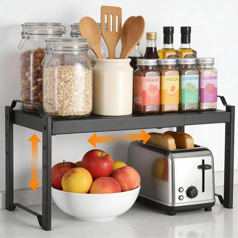 Etagere Placard, 32-53 cm Etagere Cuisine Extensibles, Etagere Rangement Cuisine pour Plan de Travail, Rangement Placard à 3 Réglages de Hauteur, Rangement Peu Encombrante (Noir) (1/5)