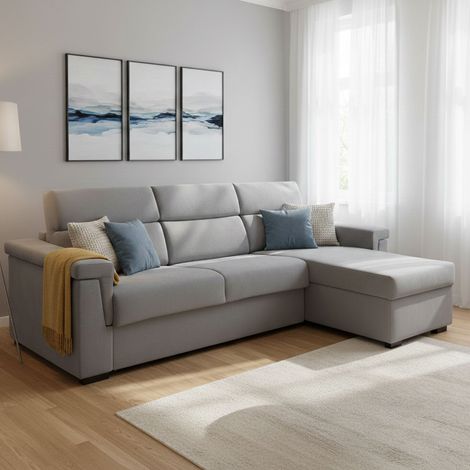 Sofá cama con chaise longue, desenfundable, con almacenaje, hecho en Italia, impermeable y multifunción, 285x160 cm gris (1/5)