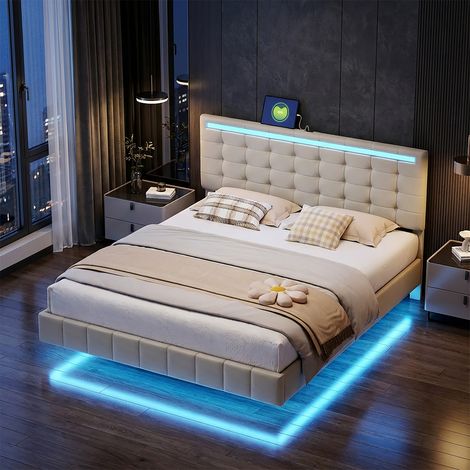 Lit adulte 160x200 cm, lit flottant rembourré avec LED et 2 ports USB, Tête de lit réglable, sommier à lattes, lit double de style scandinave,en lin, Beige (1/3)