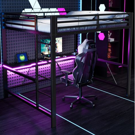 Letto rialzato 160x200 cm con scrivania, LED e stazione di ricarica USB, in metallo nero, materasso non incluso (1/5)